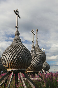 Five Wooden Church Domes in a Row in Varzuga Village
