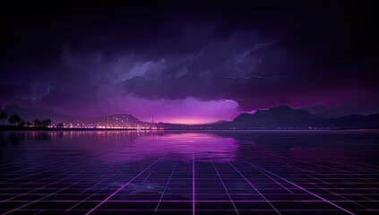 Purple-toned city skyline reflected on a gridded lake at night, stormy clouds overhead