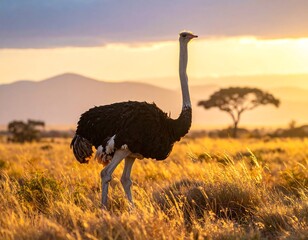 Majestic ostrich at golden sunset
