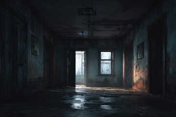 Obraz premium Eerie Abandoned Space: Haunting Interior of a Forgotten Building Captured in Dark Tones