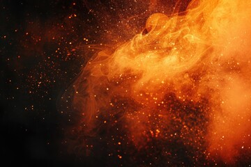 An abstract image depicting a fiery orange and red cloud of smoke and sparks against a black background, creating a dynamic and energetic visual effect