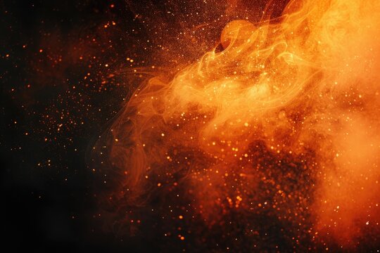 An abstract image depicting a fiery orange and red cloud of smoke and sparks against a black background, creating a dynamic and energetic visual effect