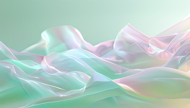 An abstract image depicting a flowing, iridescent fabric with pastel mint and pearl hues, creating a soft, dreamy, undulating landscape - Powered by Adobe