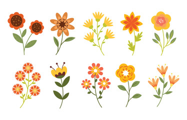 Vector set of colorful wildflowers, cute hand-drawn floral elements, leaves, and foliage isolated on white background. Perfect for spring and summer decoration, greeting cards, invitations.