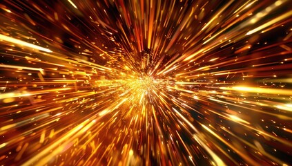 An abstract image depicting a radiant explosion of golden and orange light streaks emanating from a central point, creating a sense of intense energy and movement