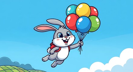 Cute Bunny with Balloons Flying High.