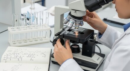 Person in lab coat using a microscope with test tubes and chemical structures on a notebook in a laboratory setting