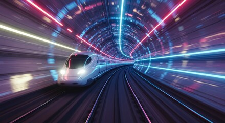 High speed train travels through futuristic tunnel with glowing neon lights creating a sense of speed and technology