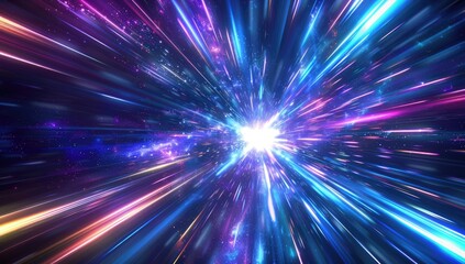 An abstract image depicting a vibrant, multicolored light explosion emanating from a central point, radiating outwards into a dark, space-like background speckled with tiny particles