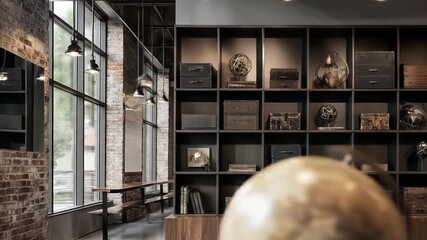 Stylish dark wood and metal shelving unit filled with decorative objects.