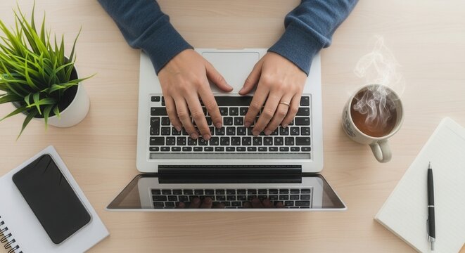Persons hands typing on a laptop at a light wooden desk with a green potted plant steaming mug smartphone and notebook with a pen