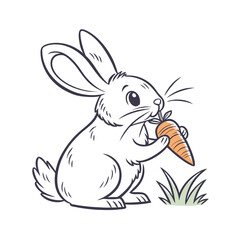 Adorable cartoon rabbit happily munching on a delicious orange carrot in a grassy field