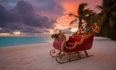 Christmas sleigh on tropical beach at sunset (1)
