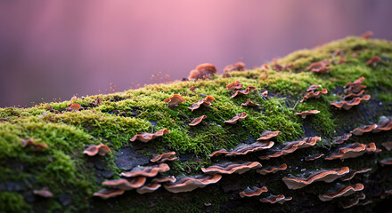  Moss and Shelf Fungi Growing on a Fallen Log in a Forest with Dreamy Light