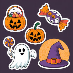Collection of cute cartoon Halloween icons jack o' lantern ghost witch hat candy and candy bucket