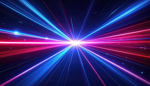 An abstract image depicts vibrant, radiating light streaks in shades of blue and red, emanating from a central bright point against a dark background speckled with tiny particles
