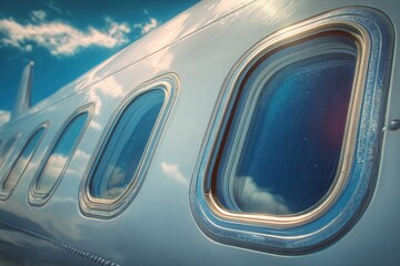 Fototapeta premium Detailed View of Aircraft Windows: Close-Up of Jet Portholes Showcasing Travel Beyond the Fuselage