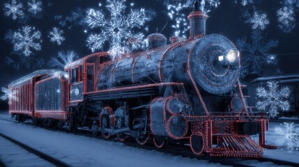 Obraz premium Charming Christmas train winds through snowy landscapes creating magical mood.