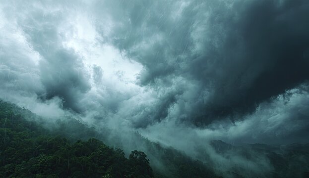Dark storm clouds over misty mountain range - Powered by Adobe