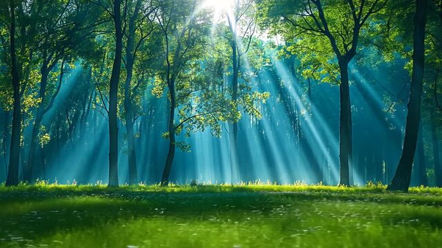 Morning sunbeams cut through lush green forest with vibrant grassy meadow for magical ethereal nature serenity theme concept