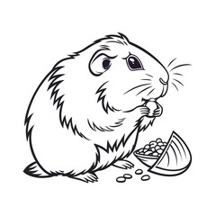 Charming line drawing of a fluffy guinea pig enjoying a meal of seeds
