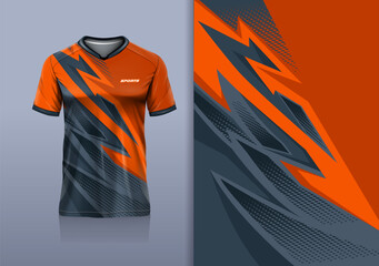 T-shirt mockup with abstract flash lines sport jersey design for football, soccer, racing, esports, running, in gray orange color © Nimpuna O