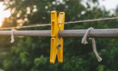 Close-up of a bright yellow clothespin on a clothesline