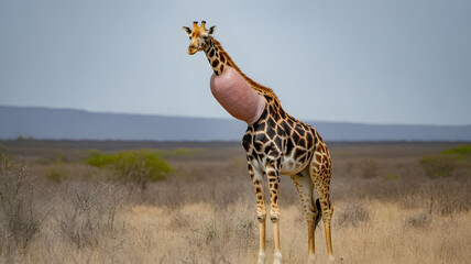Photorealistic Giraffe with Abnormally Swollen Neck in African Savanna