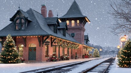 Steam train decorated for Christmas moves through snowy hills under winter sky.