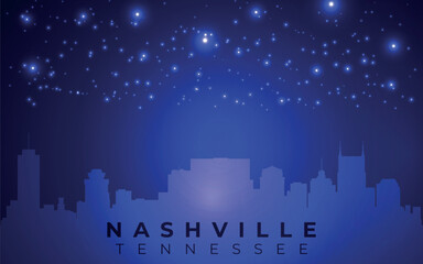 Fototapeta premium silhouette of the city against the backdrop of the starry night sky. In the foreground, you can see the outline of skyscrapers representing the skyline of Nashville, Tennessee.