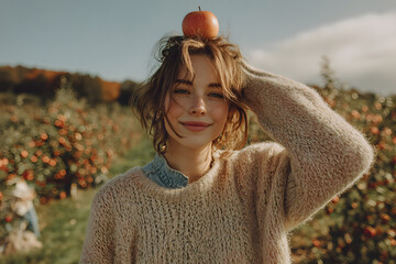 European woman stands by an apple tree in an autumn orchard, playfully balancing a ripe red apple on her head