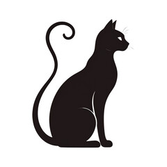 the image features a stylized silhouette of a feline sitting in profile. the animal is rendered in a dark color and has a long, curved tail with a distinctive swirl at the end