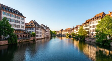 Naklejka premium European city canal scene at dawn. Buildings line a tranquil canal, reflecting a clear sky