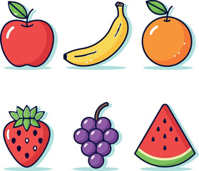 Cute Fruit Icons: Apple, Banana, Orange, Strawberry, Grapes, Watermelo