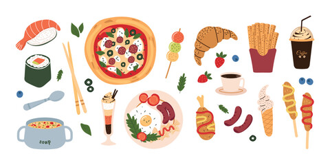 Hand-drawn illustration of a set of delicious food and drinks on a white background in a modern flat style. Vector flat illustration
