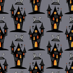 Spooky houses and graves, Halloween seamless pattern. Vector hand drawn illustration.