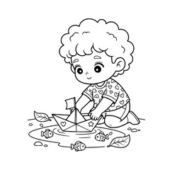 Cute boy making paper boat outline illustration