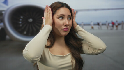 Young hispanic woman covering ears with hands near a large airplane engine on airport tarmac;...