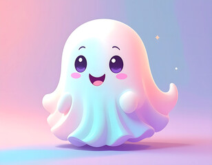 Adorable Pastel Ghost Character With Big Purple Eyes In Soft Gradient Background Illustration