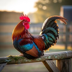 Rooster on a Wooden Fence at Sunrise.