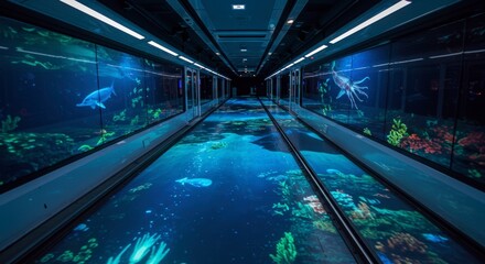 Immersive corridor with ocean scene projection displays vibrant marine life in an aquatic environment