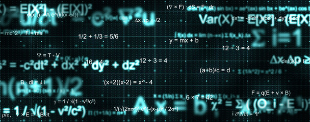 Obraz premium Futuristic background with glowing mathematical formulas, algebra, and physics equations on a digital grid. Perfect for technology, science, research, and education concepts.
