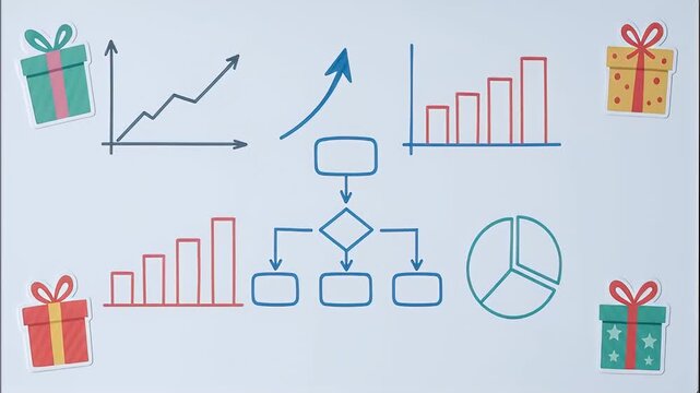 Whiteboard with business charts flowchart pie chart and gift icons showing growth and planning with playful holiday decoration Growing business strategy concept whiteboard with charts flowchart pie