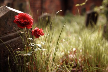 Vibrant Red Roses Adorning a Tombstone in a Peaceful Cemetery Setting