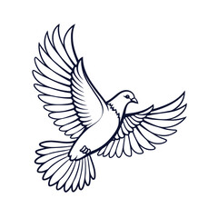 Elegant outline drawing of a dove in flight with outstretched wings