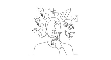 One-line drawing of a person thinking, solving problems, finding solutions, presentation