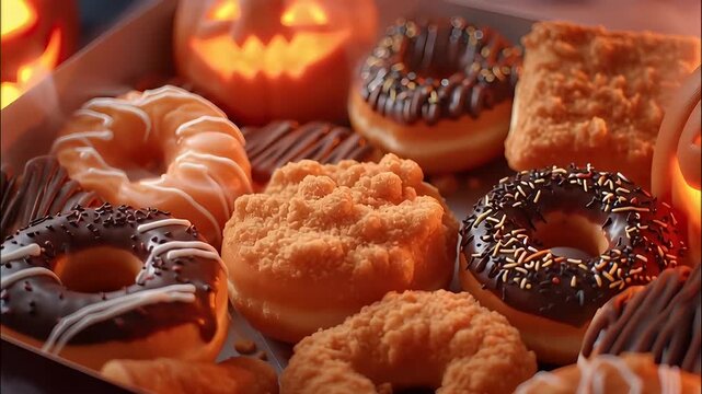 Pumpkin doughnut box with assorted glazed and chocolate donut, spooky carved jack o lantern lanterns glowing and autumnal mood, warm lighting and cozy Halloween dessert scene &mdash; spooky pumpkin lantern