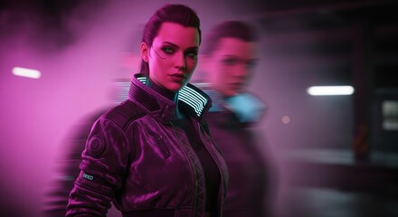 Fototapeta premium Dark Cyberpunk Woman in Purple Velvet Jacket Duo