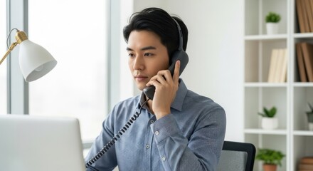 Focused businessman on phone calls, working diligently on laptop in bright modern office environment