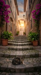 Charming Alleyway with Sleeping Cat.